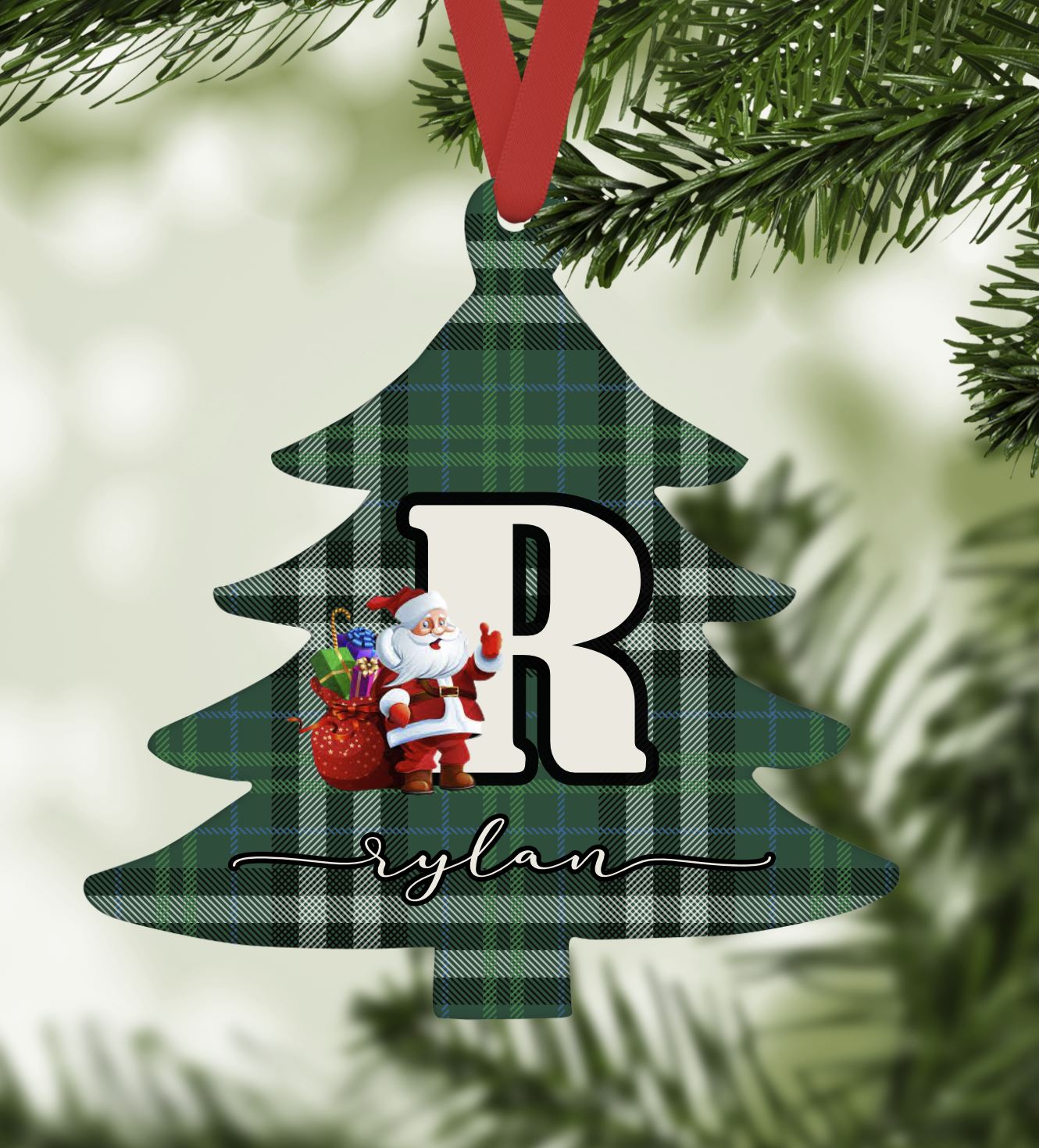 Personalized Initial - Plaid Christmas Tree Ornament