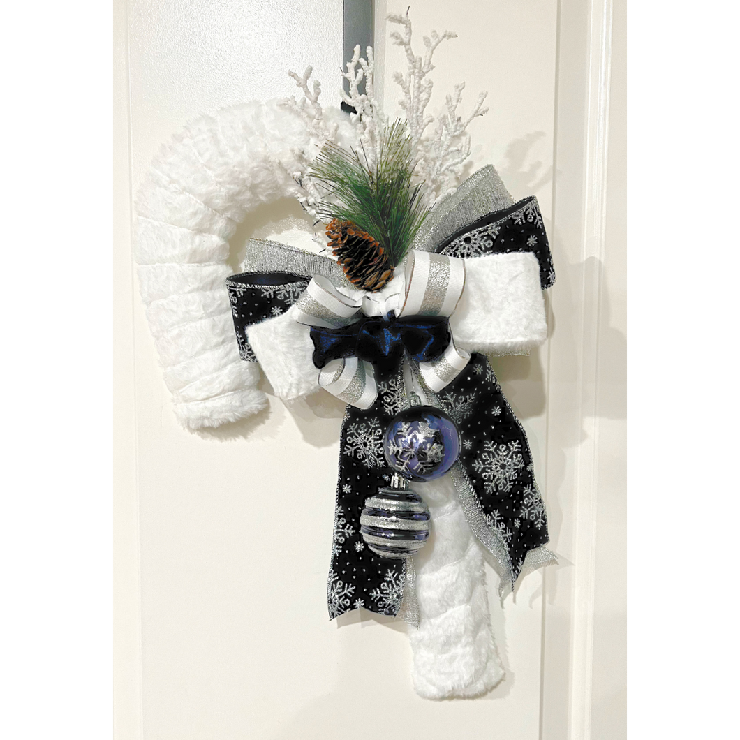 White Faux Fur Candy Cane Wreath