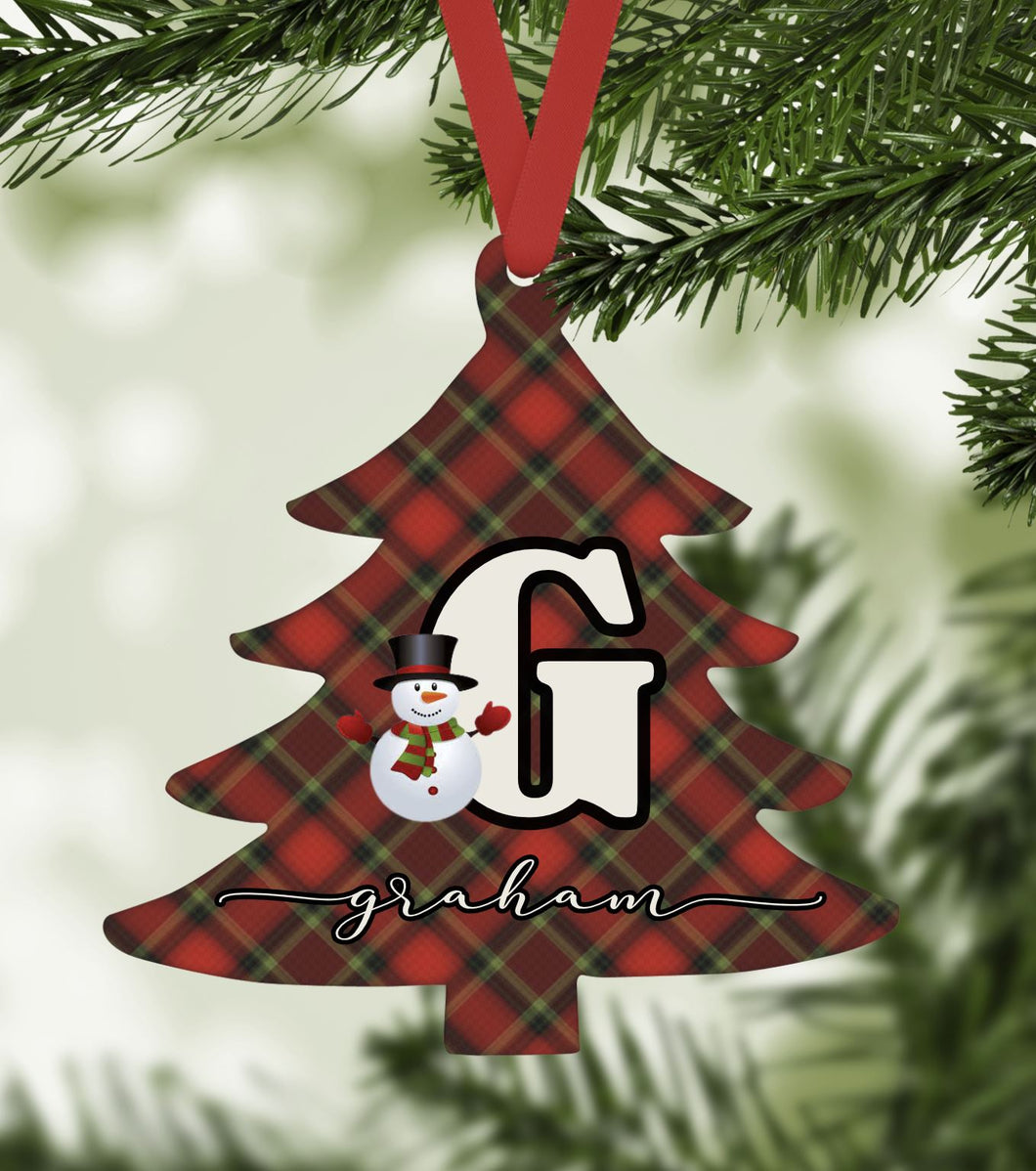 Personalized Initial - Plaid Christmas Tree Ornament